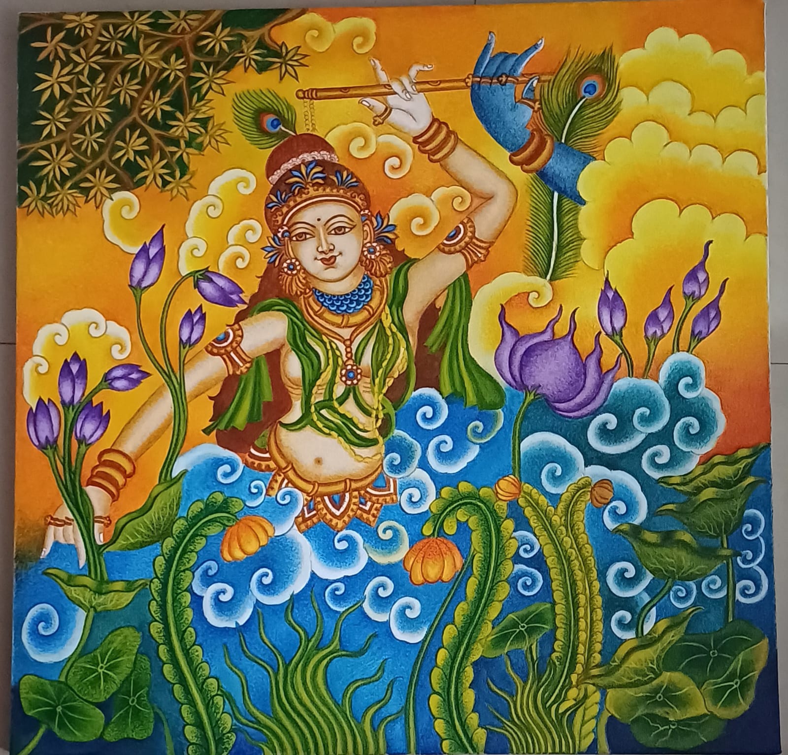 divine krishna – hand painted traditional kerala mural (60 x 60 cm)